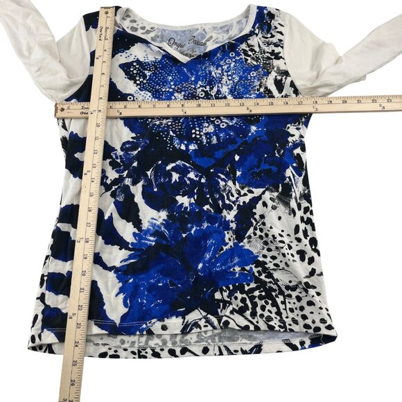 Onque Casuals Womens 3/4 Sleeve Top Size S Blue & White Floral Animal Print - Picture 2 of 5